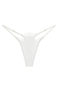 Grisella thong in off-white on model - front view with lace trim.