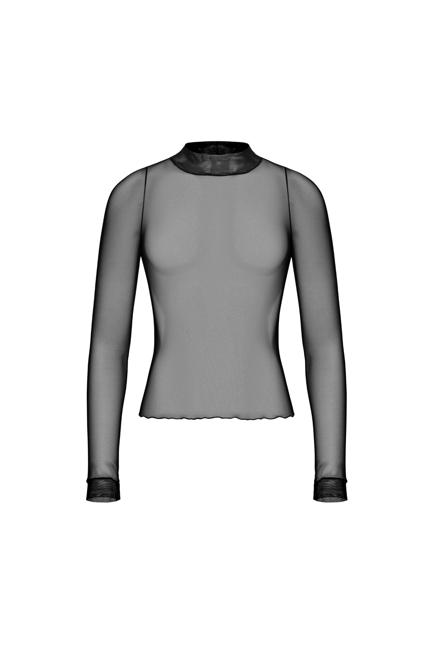 Pure Black blouse – front view, black tulle and long sleeves