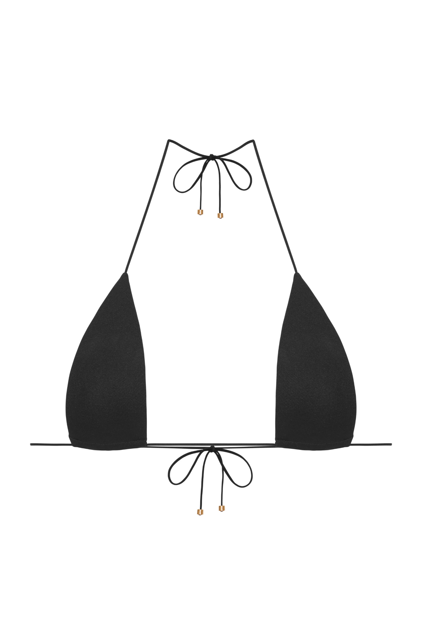 Catch Me Top in Shiny Lycra – packshot showing the halter-style triangle cut, padded cups, and gold accents.