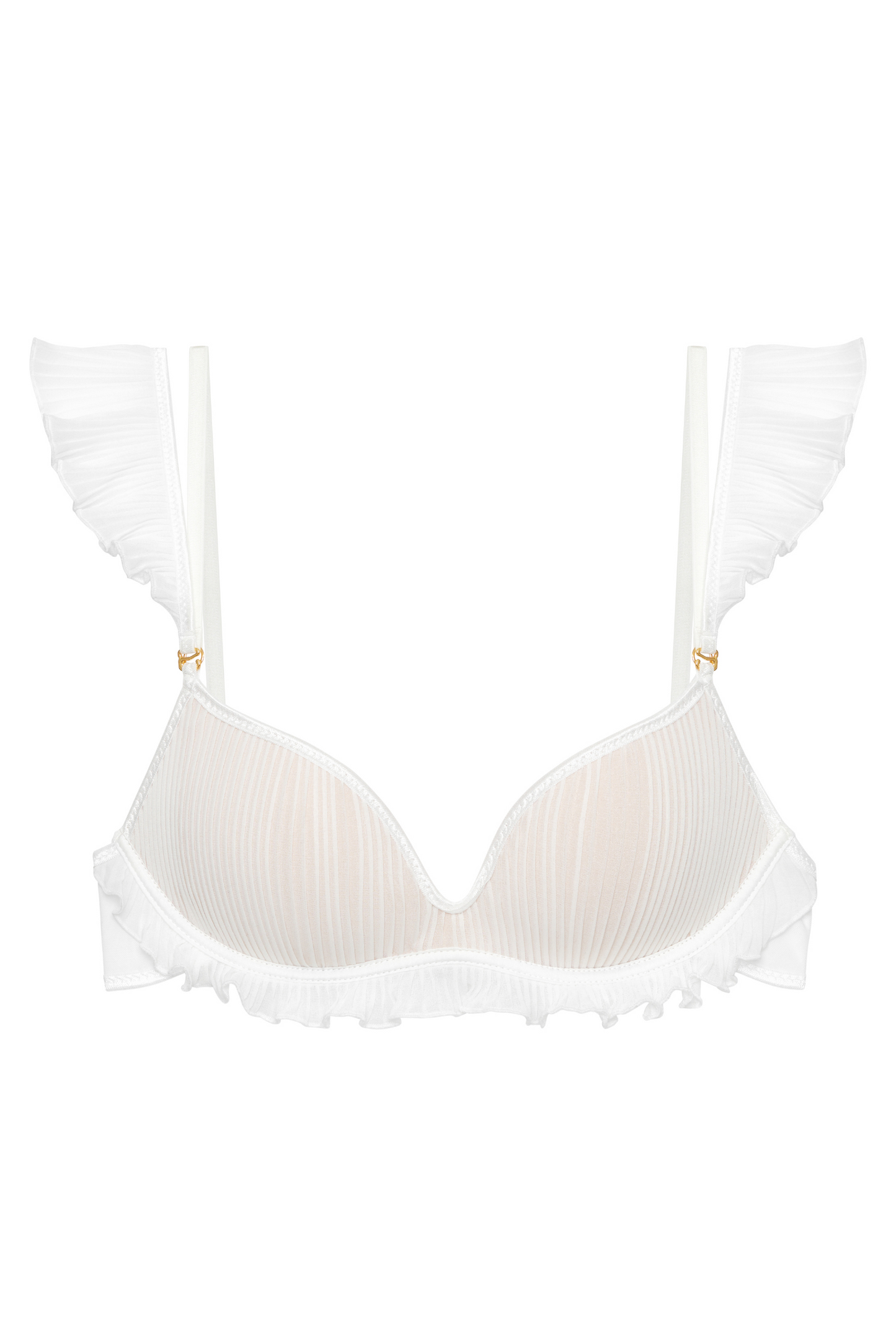 Flavia bra in off-white – packshot showing pleated cups, ruffles, and detachable straps.