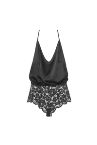 Giselle jumpsuit - packshot showing satin top, lace bottom and neck tie.