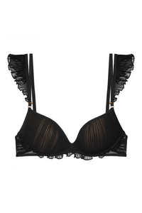 Flavia bra in black – packshot showing pleated cups, ruffles, and detachable straps.