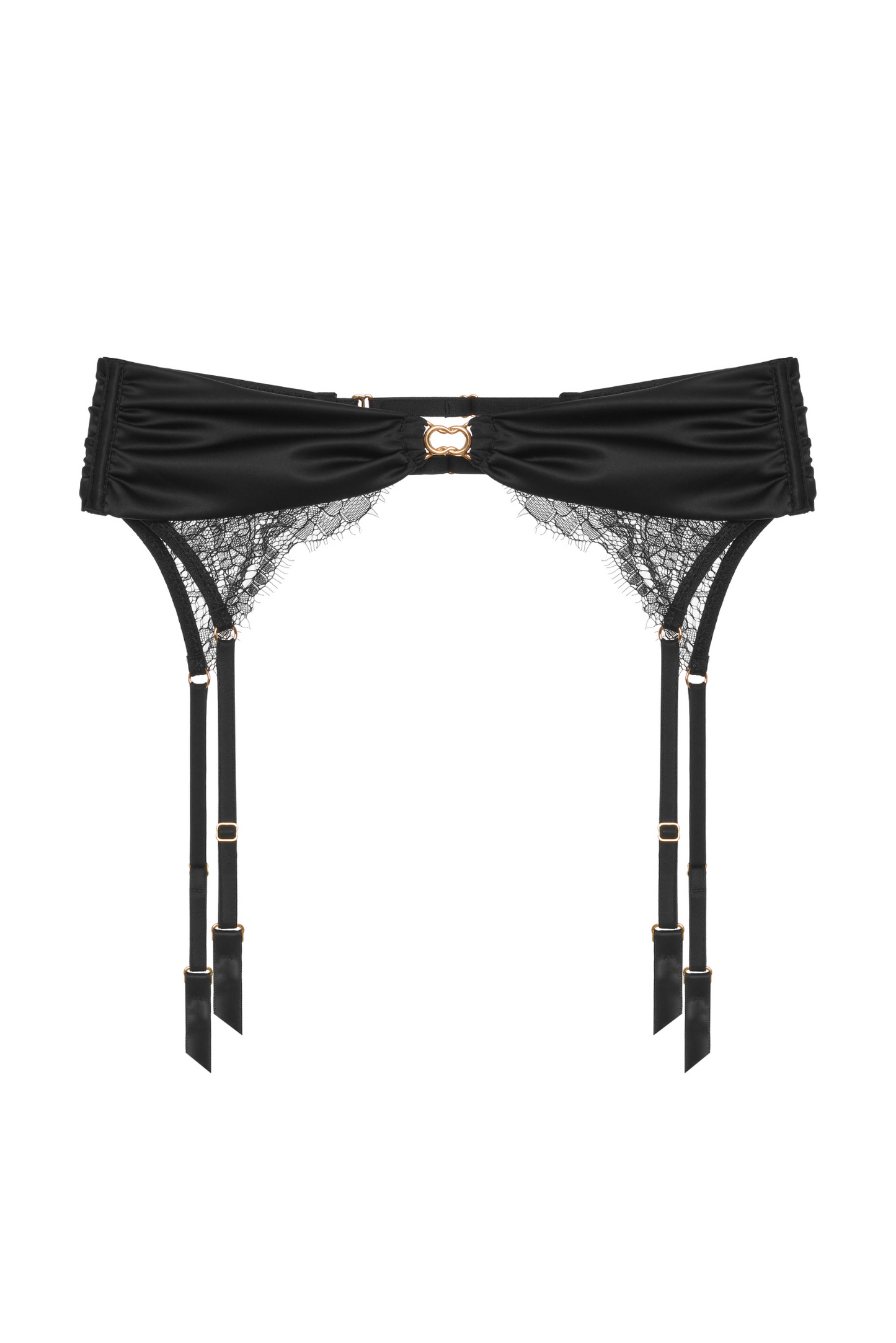 Black satin and lace Ilia garter belt with gold hardware