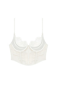 Grisella half-corset in off-white - packshot with front view, pleated satin and lace details.