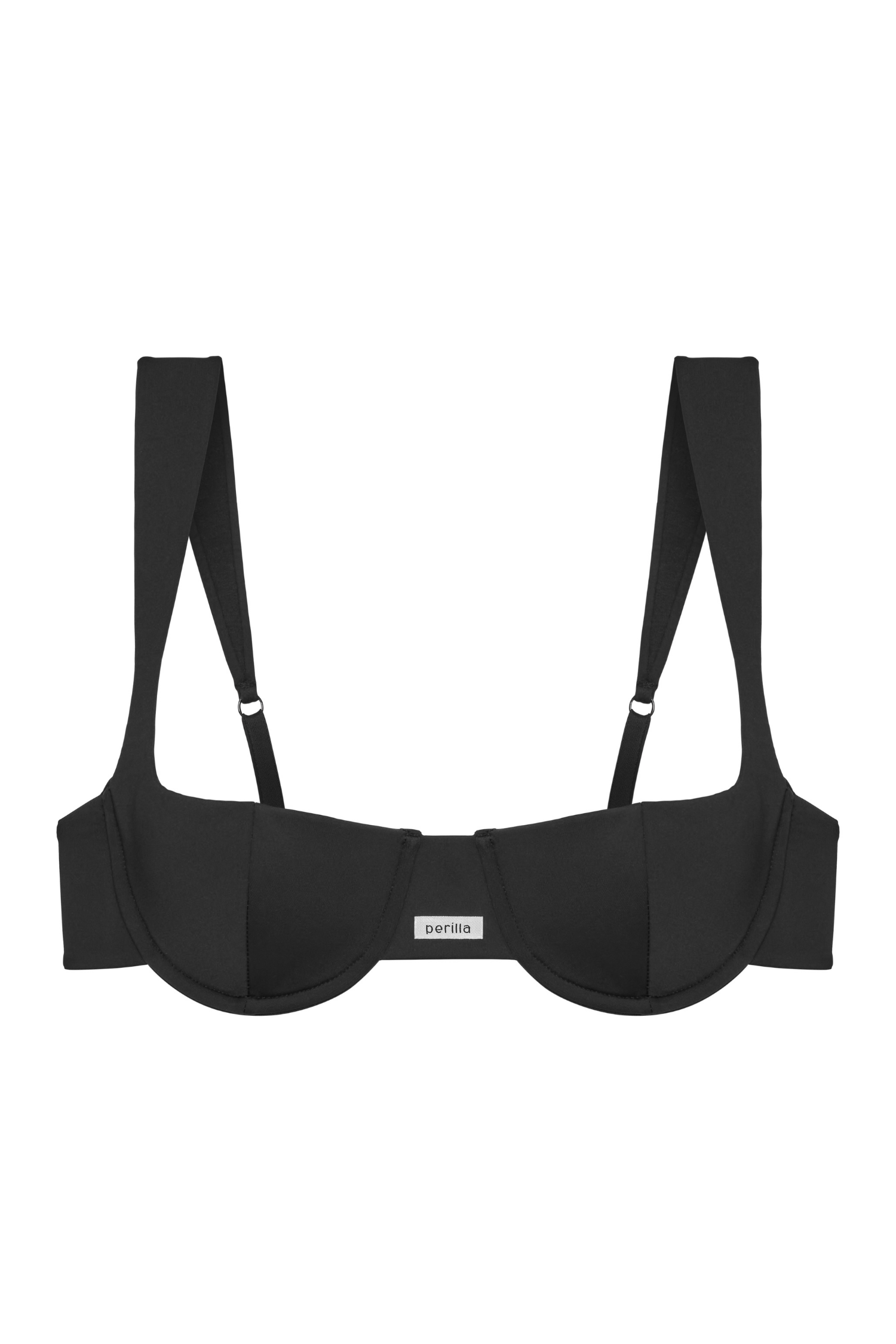 Zoe bra – front view, black with Perilla logo tag at center