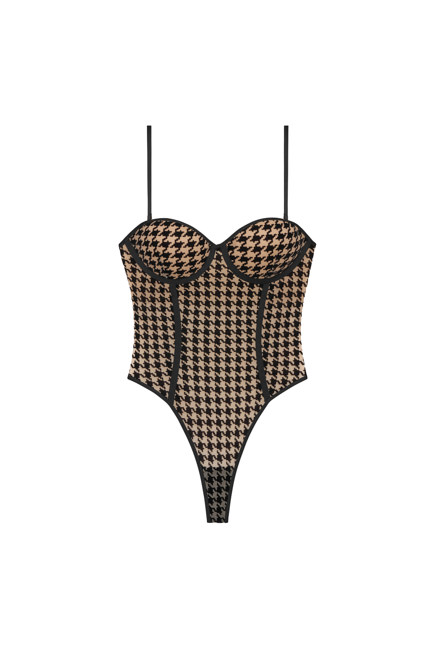 Oxford bodysuit – front view, sheer tulle with flocked houndstooth and push-up cups