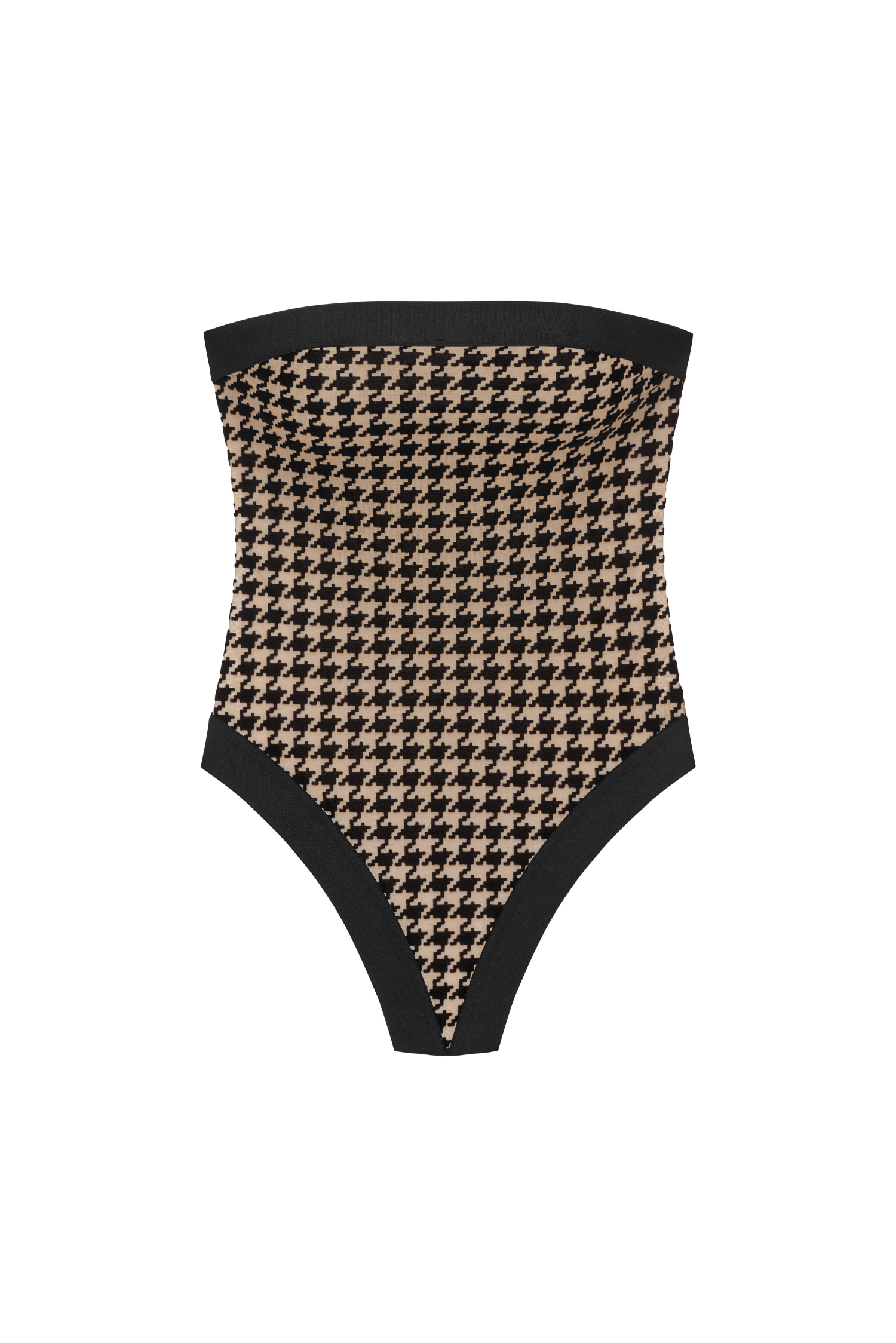 Oxford Bandeau bodysuit – front view, Pepitka motif on nude tulle