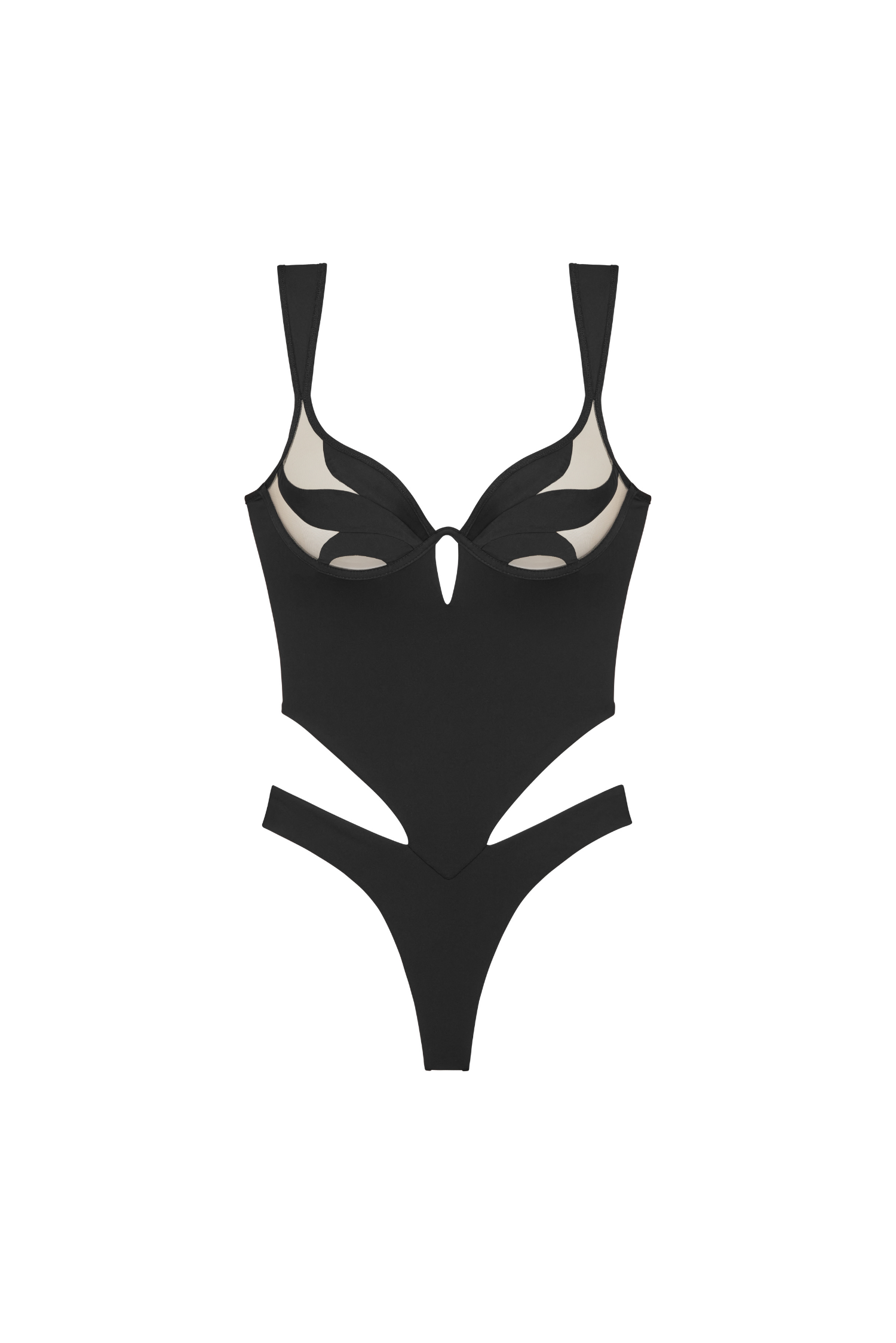 Perilla Body – front view, sheer tulle with black floral motif and solid black bottom