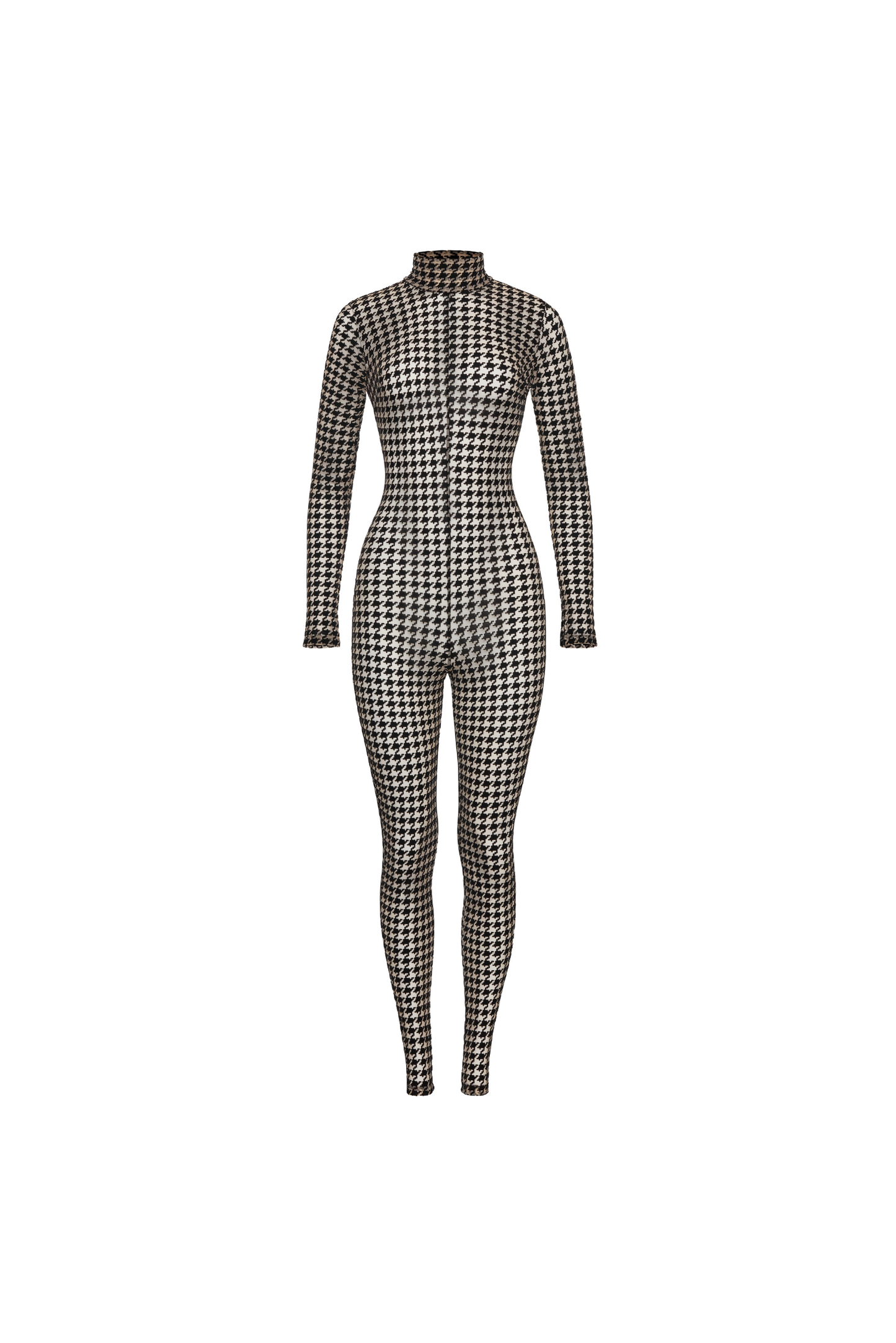 Oxford jumpsuit – front view with high neck and flocked pattern