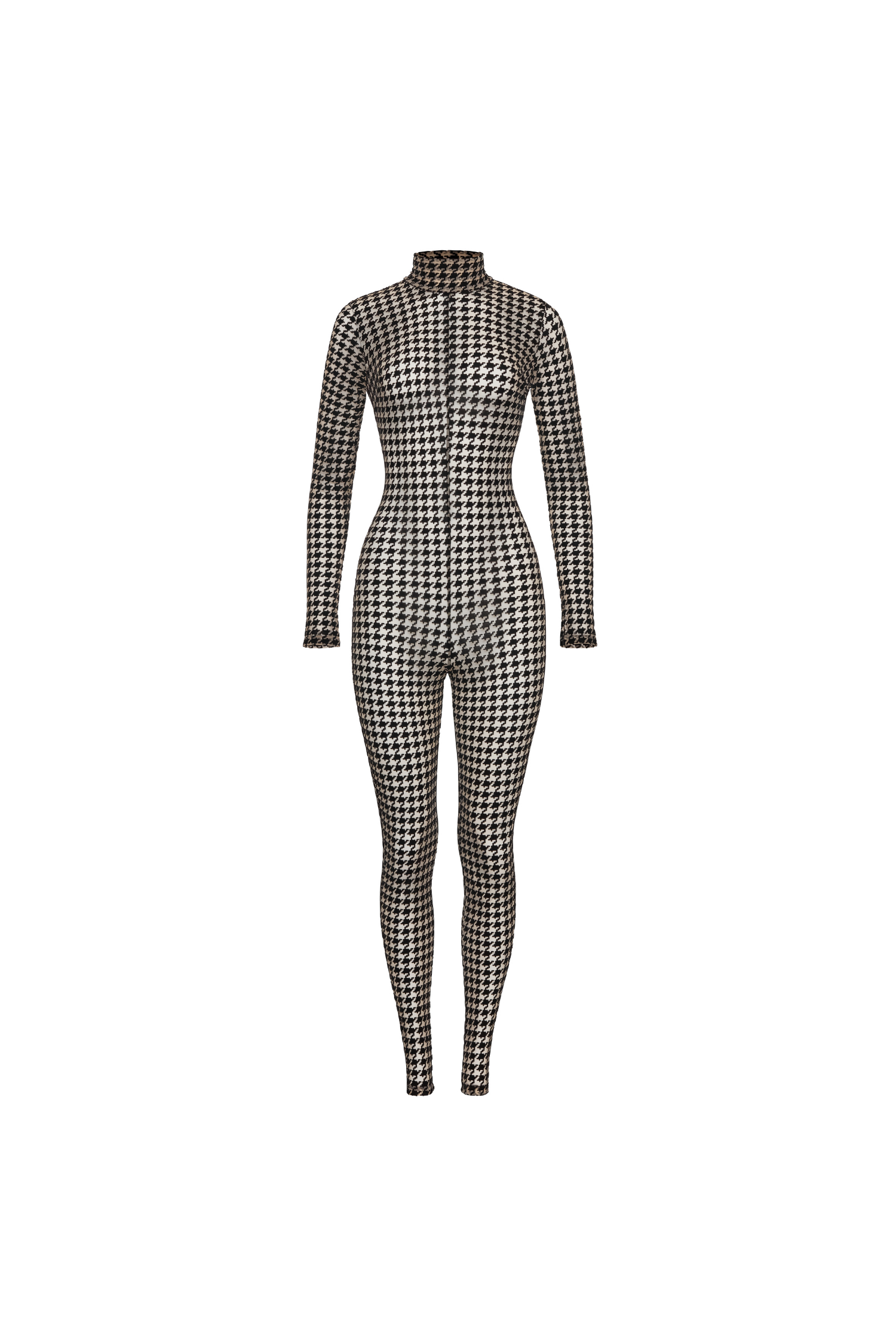 Oxford jumpsuit – front view with high neck and flocked pattern