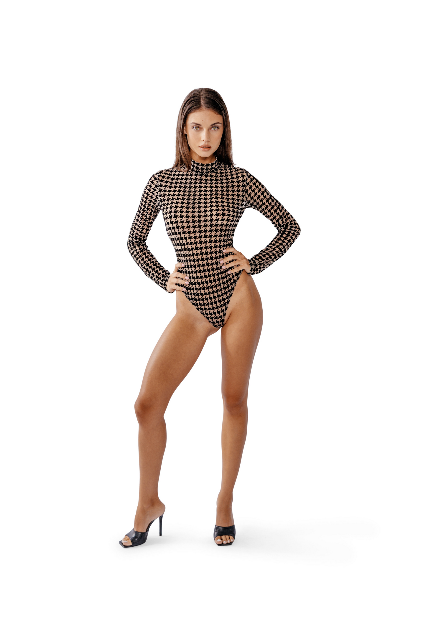 Model wearing Oxford bodysuit – long sleeves and high neck