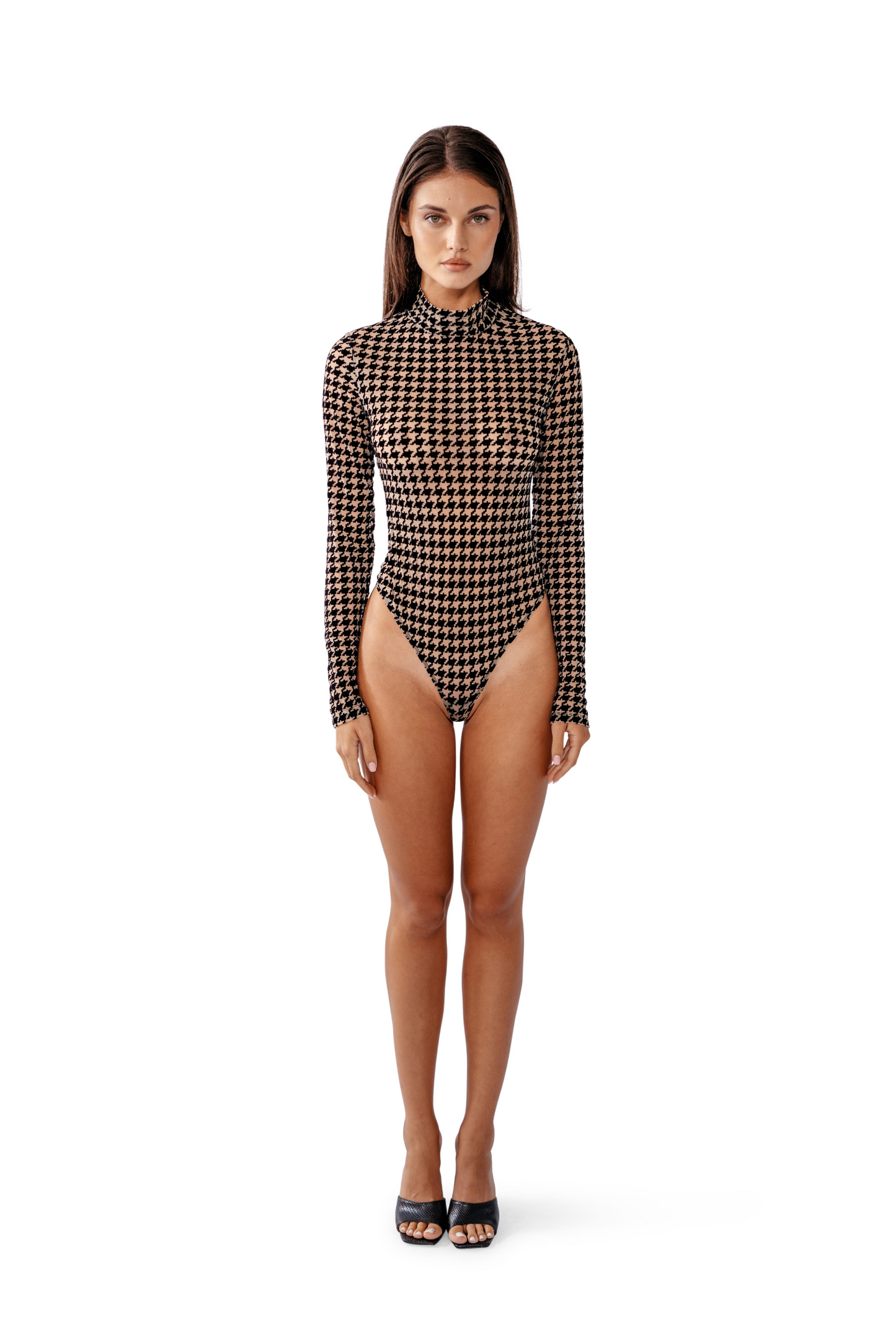 Model wearing Oxford bodysuit – long sleeves and high neck