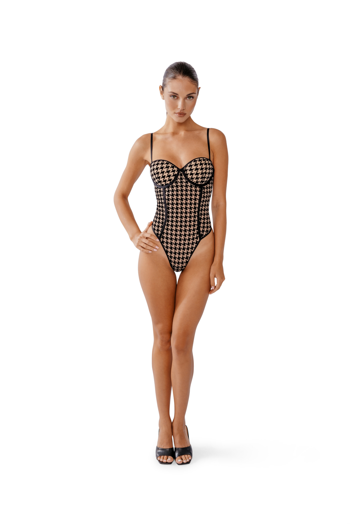 Model wearing Oxford bodysuit – push-up molded cups front view