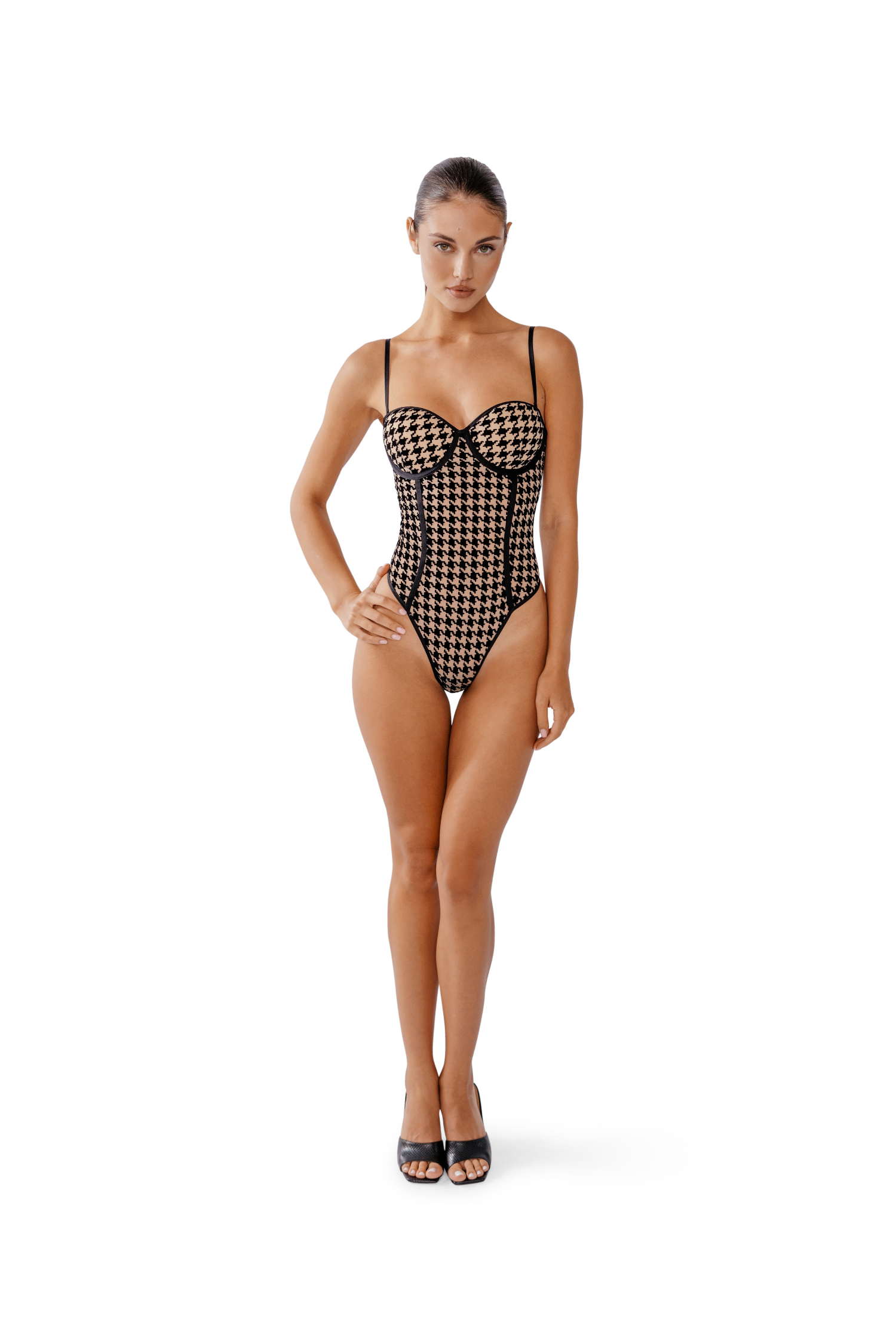 Model wearing Oxford bodysuit – push-up molded cups front view