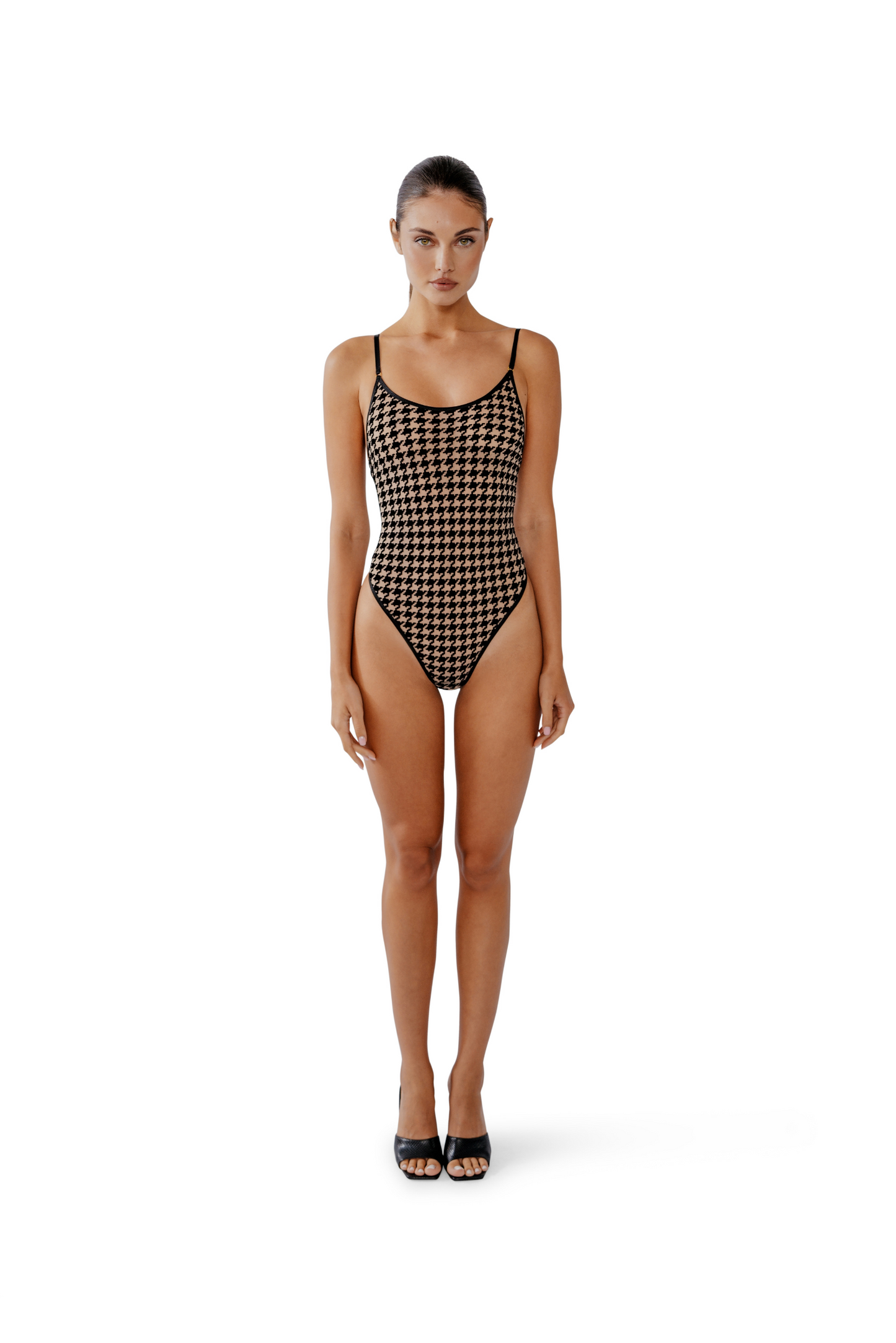 Model in Oxford bodysuit – lined front and straps