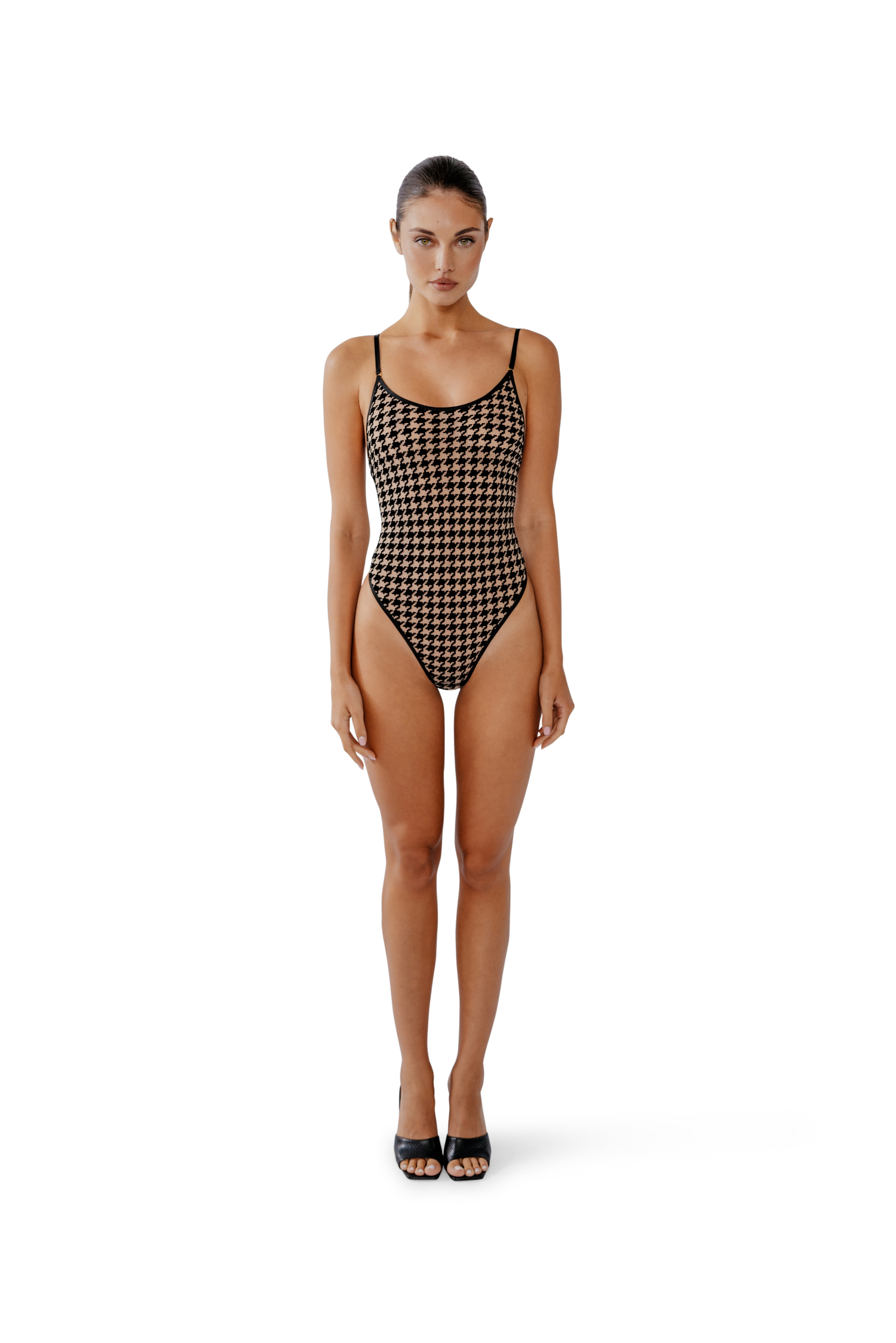 Model in Oxford bodysuit – lined front and straps