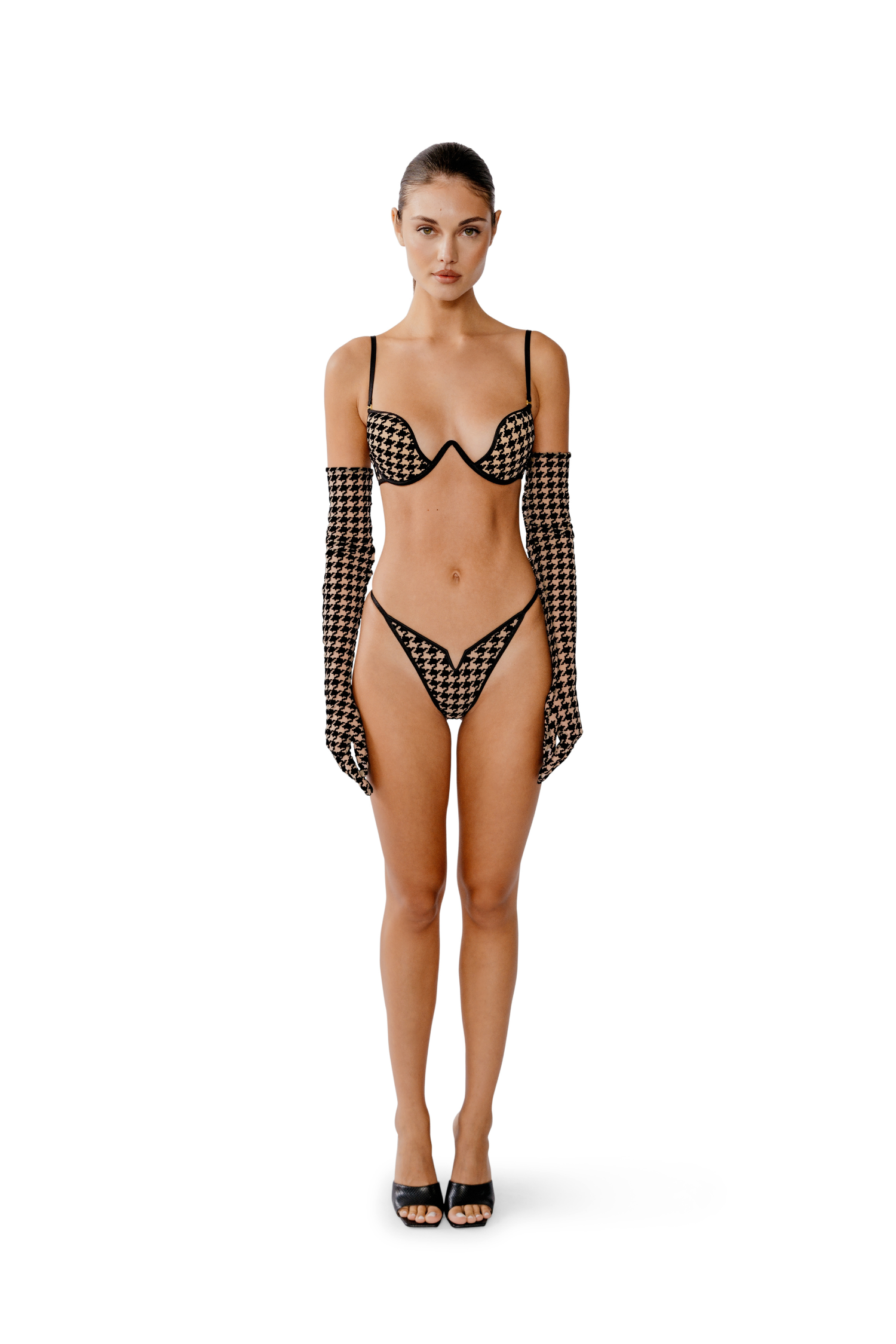 Model wearing V Thong Oxford – sheer fabric with houndstooth motif