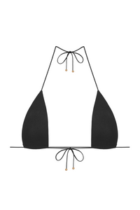 Catch Me Top in Shiny Lycra – packshot showing the halter-style triangle cut, padded cups, and gold accents.