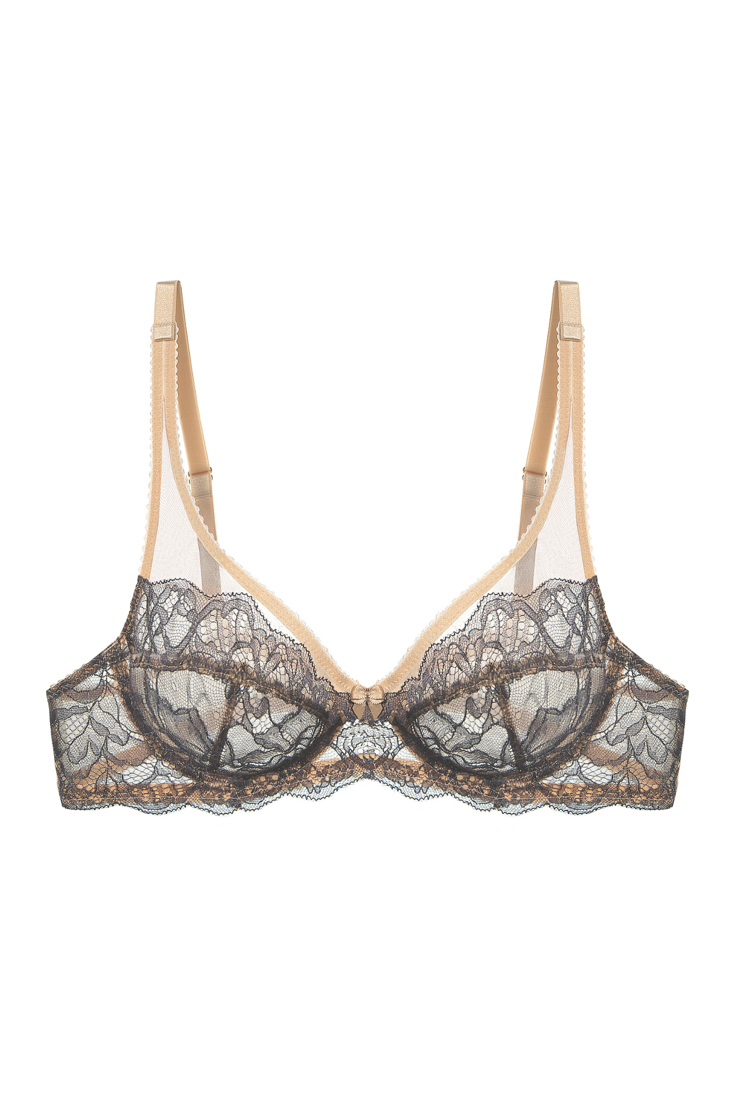 Loris Bra in Navy Blue – Packshot showing the pleated cups, dual cuts, and golden accents.