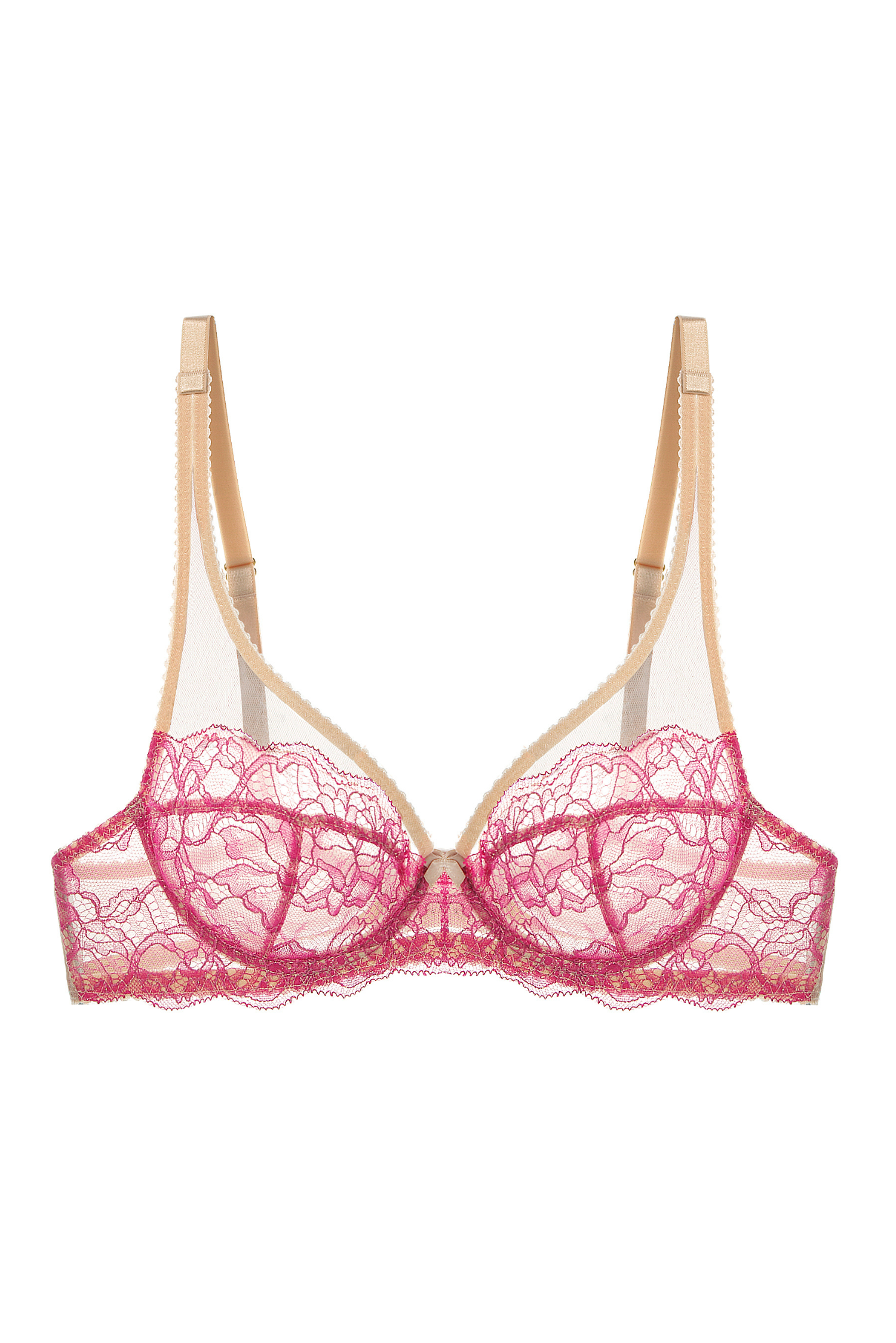 Loris Bra in Dark Pink – Packshot showcasing the pleated cups, dual cuts, and golden details.