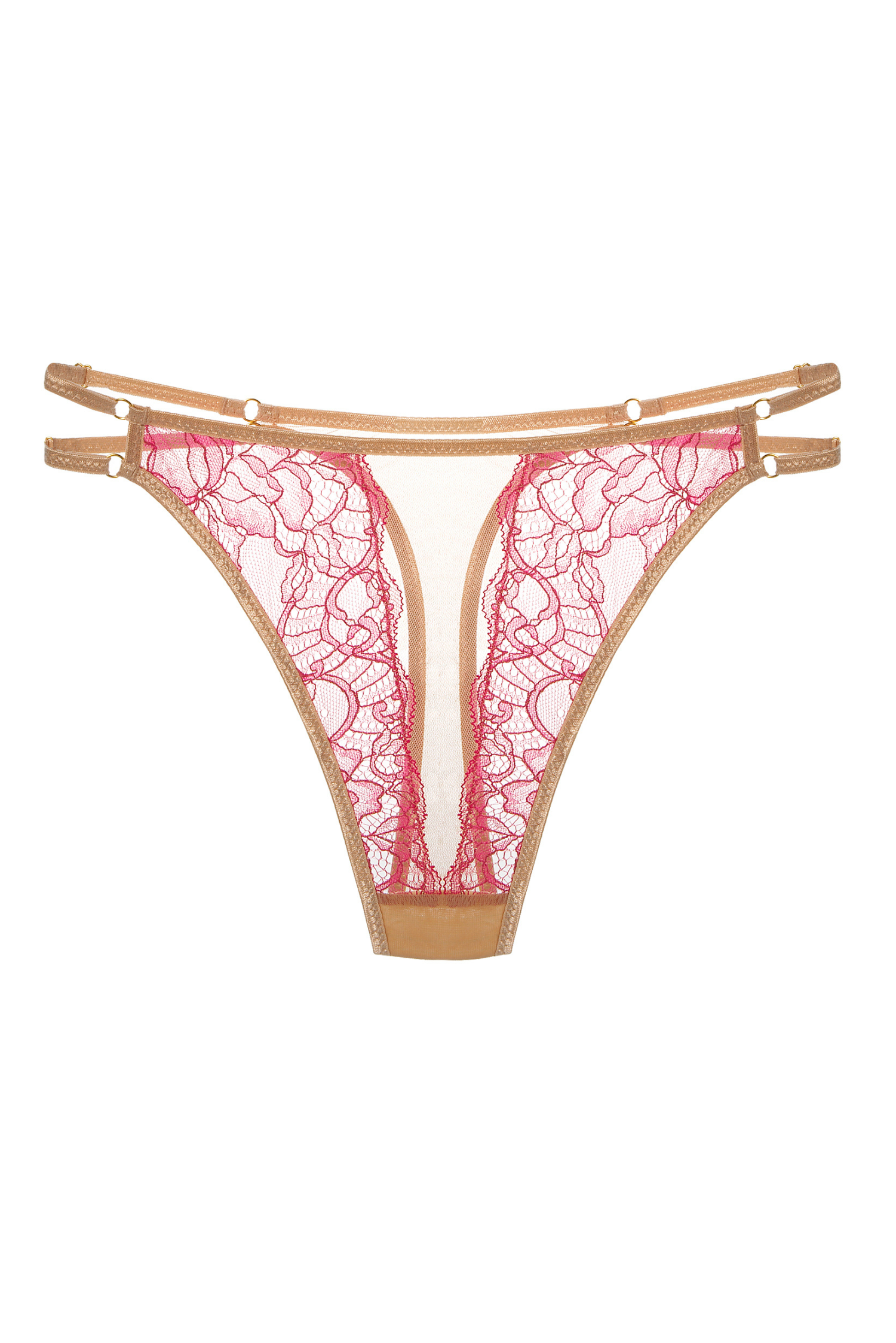 Loris String in Dark Pink – Packshot showing lace, tulle, and golden accents.