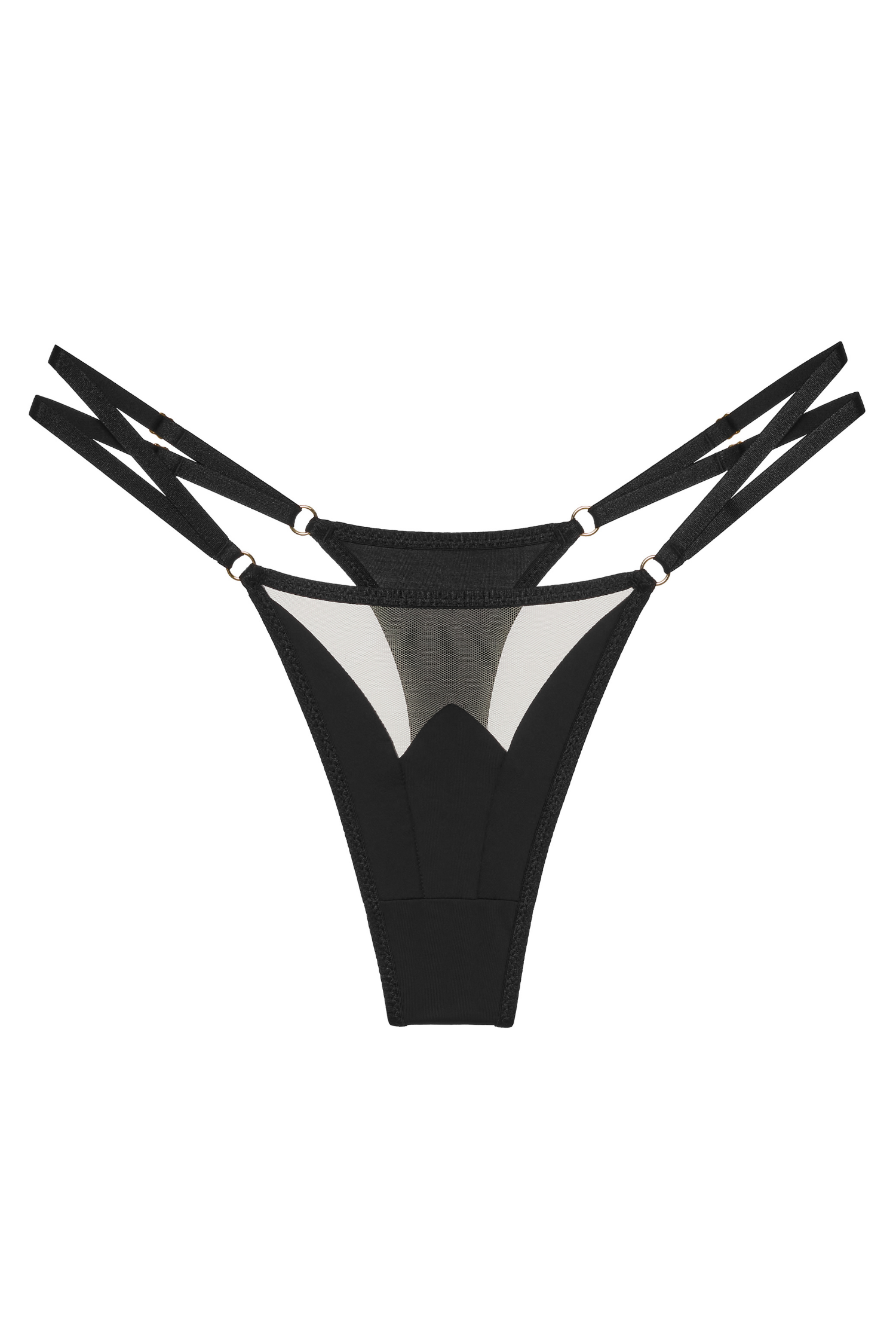 Perilla thong – front view, black with sheer tulle accent