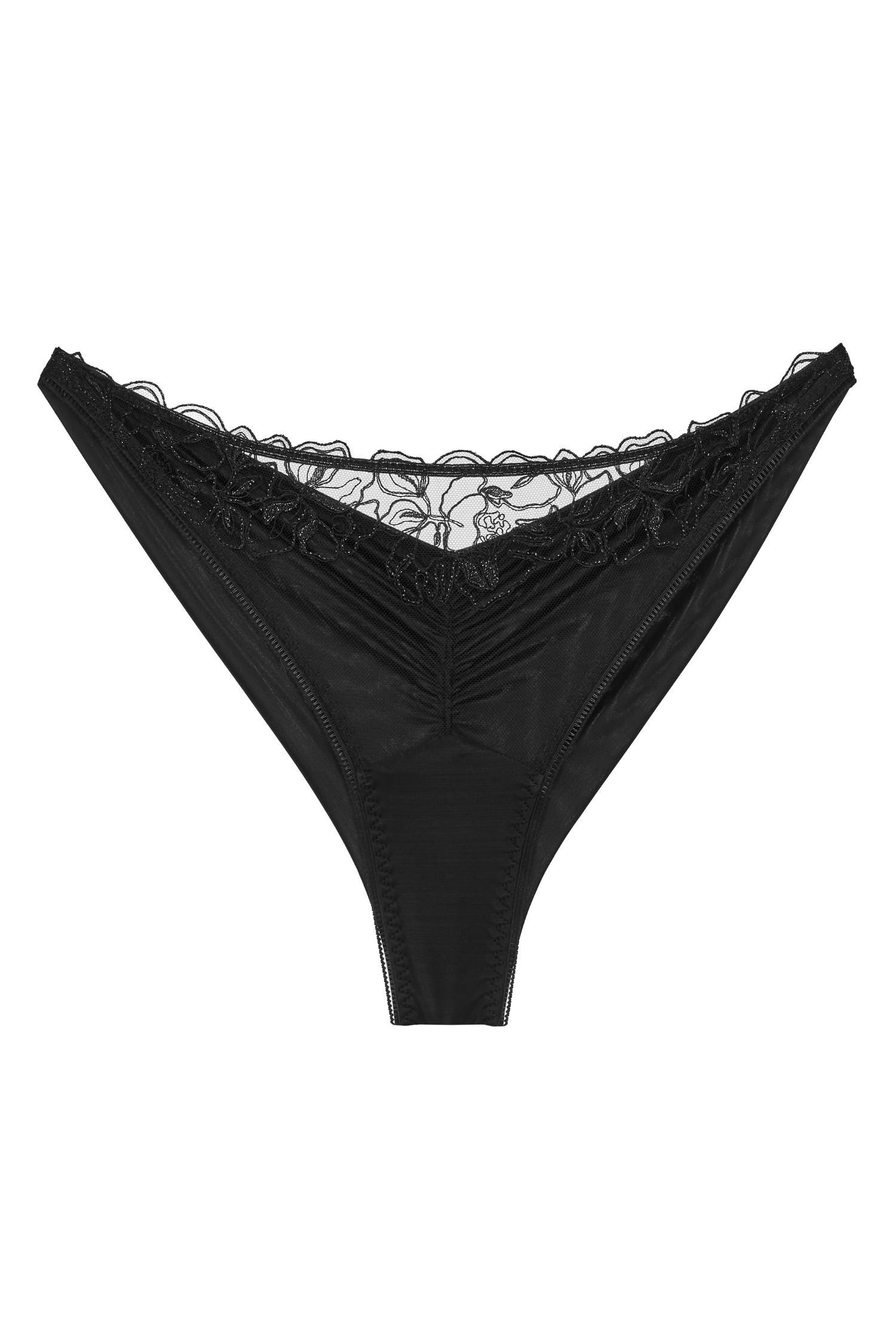 XX Brazilian briefs – packshot, black briefs with floral embroidery