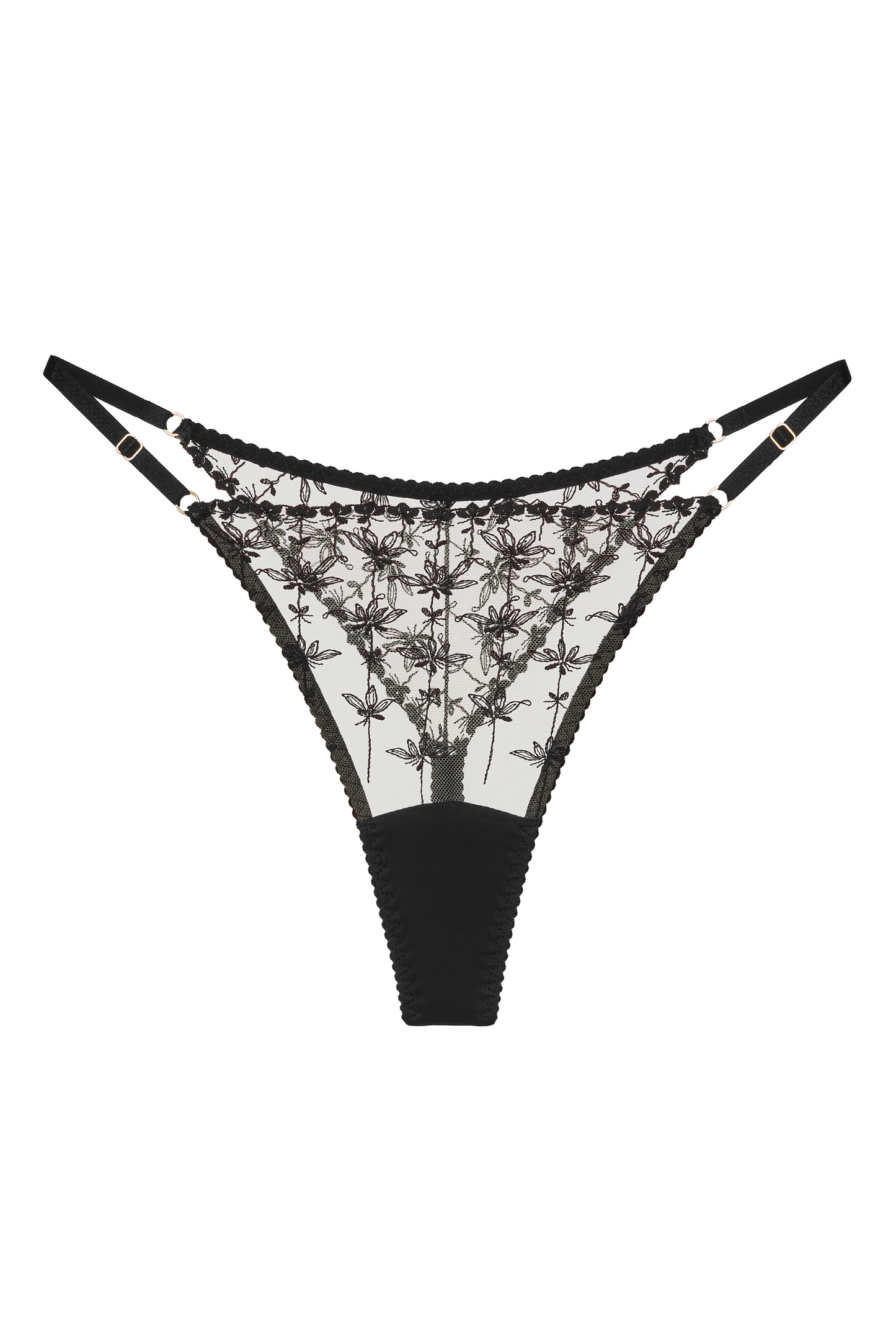 Butterfly thong – packshot, nude tulle and black floral embroidery