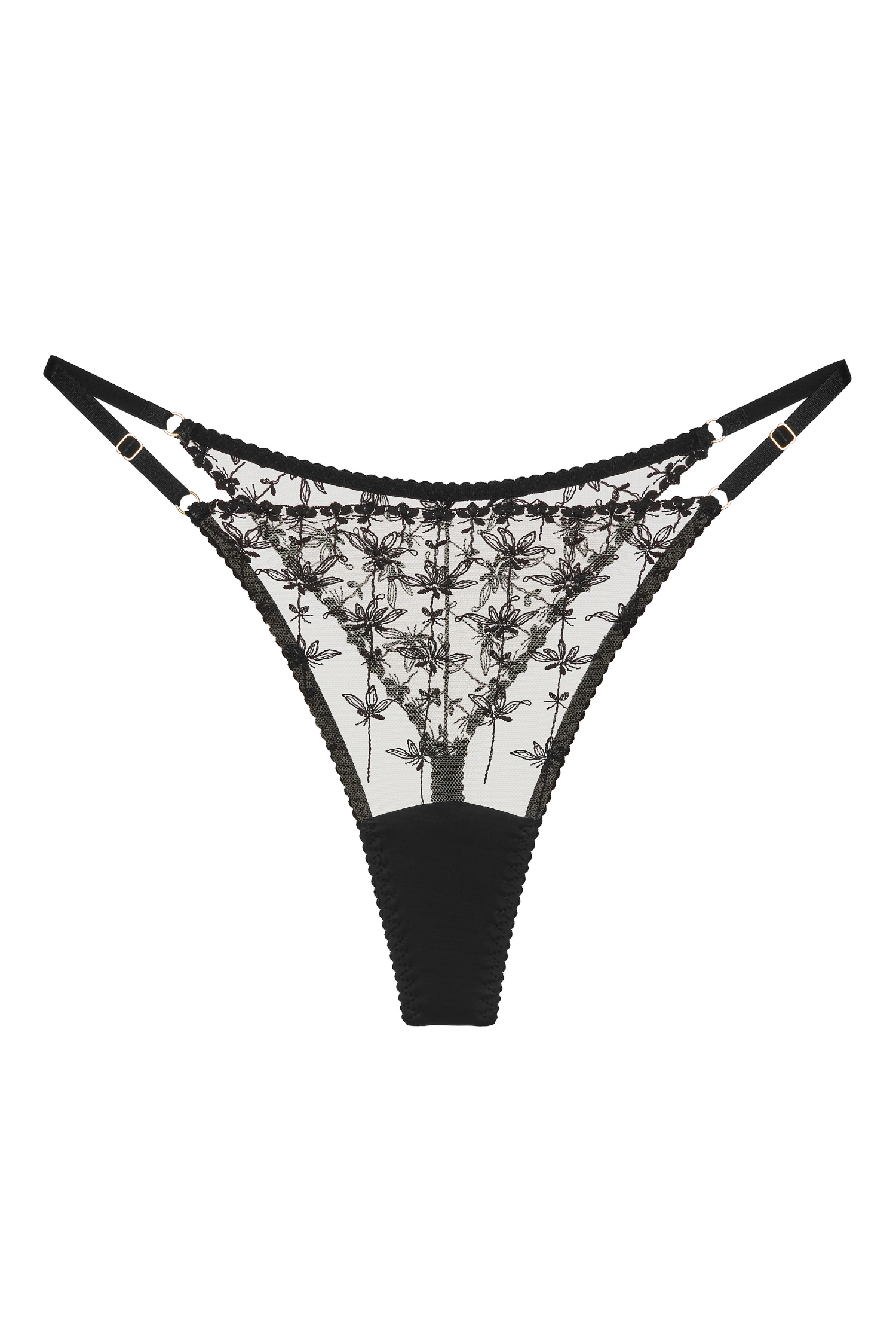 Butterfly thong – packshot, nude tulle and black floral embroidery