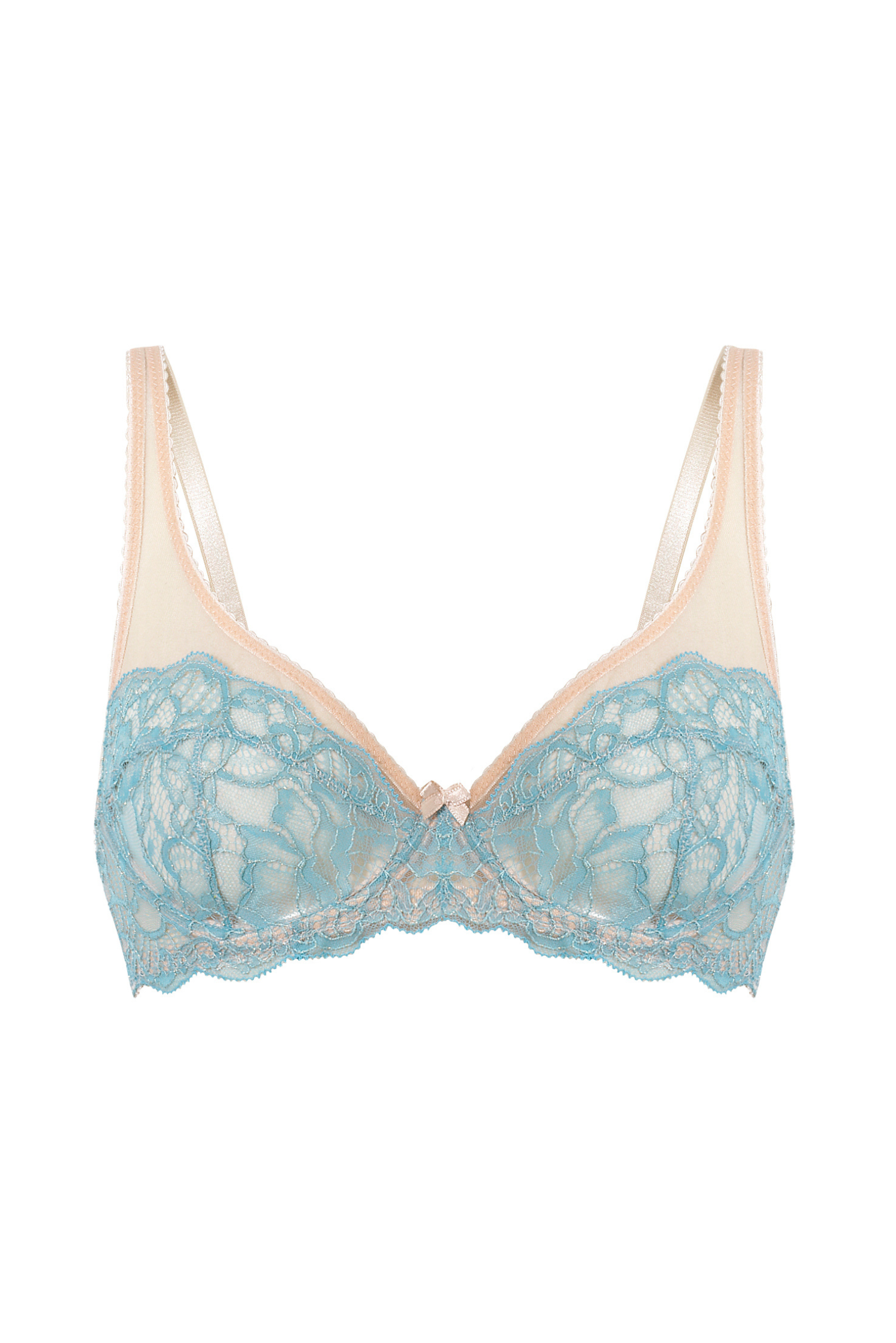 Loris Bra in Blue – Packshot showing the high cups, lace, underwire, and golden details.