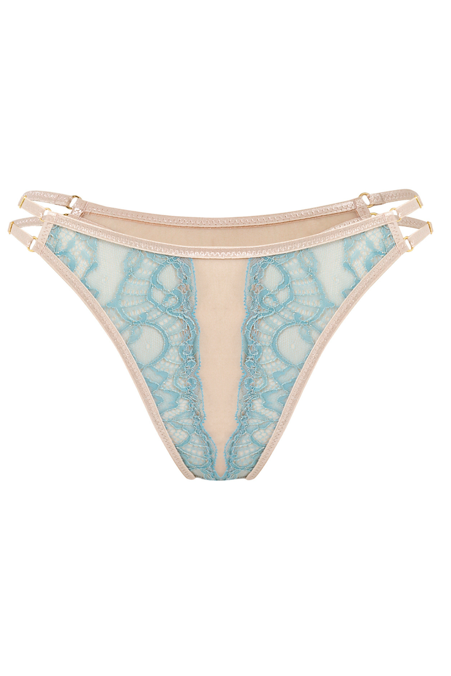 Loris String in Blue – Packshot showing lace, tulle, and golden accents.